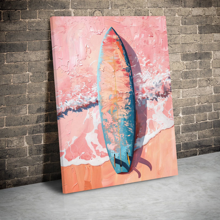Surfboard Wall Art | Tropical Pink Beach Ocean Waves Canvas Print | Premium Gallery Wrap Decor | Coastal Summer Home Decor Gift