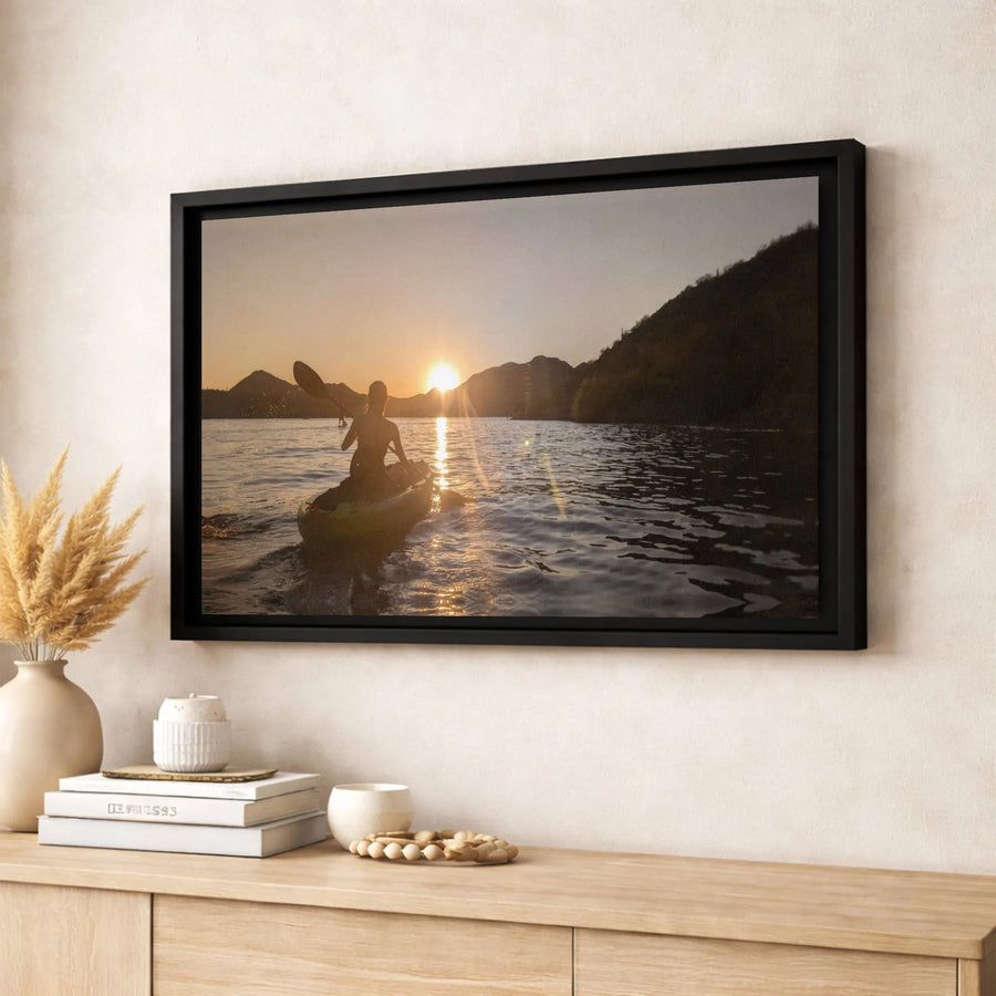 Kayaking Sunset Canvas Wall Art | Serene Lake Paddle Sport Decor | Gallery-Wrapped 1.25" Professional Print | Adventure Lover Nature Gift