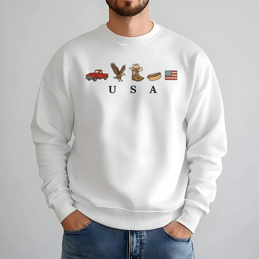 Patriotic USA Icons Sweatshirt | Vintage Western Americana Graphic | Premium Cotton Blend | 4th of July Country Clothing Gift