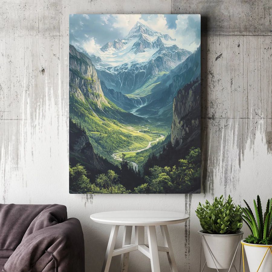 Mountain Landscape Canvas Wall Art | Snowy Peak and Green Valley | 1.25-Inch Gallery Wrap | Premium Nature Decor for Home and Office