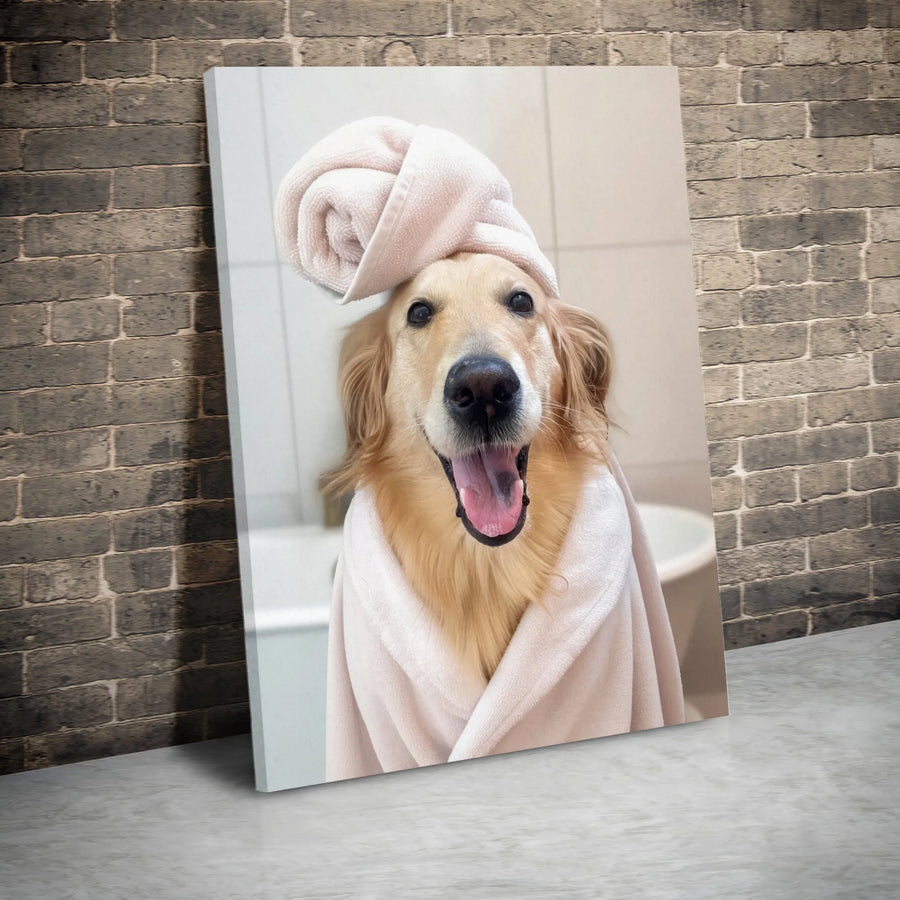 Golden Retriever Canvas Wall Art | Funny Dog in Bathrobe Portrait | Premium Fade-Resistant Print | Cute Animal Bathroom Decor Gift