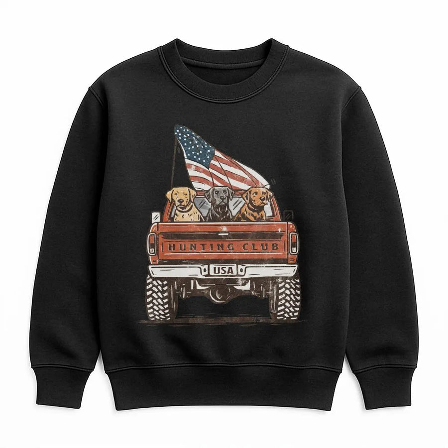 Patriotic Labrador Sweatshirt | Vintage Hunting Club Truck with USA Flag | Premium Graphic Tee | 4th of July Gift for Dog Lover