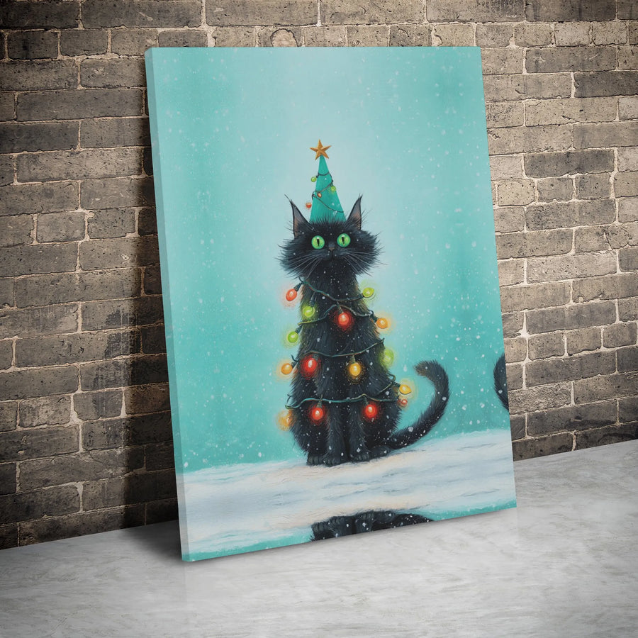 Black Cat Christmas Tree Canvas Print | Whimsical Holiday Wall Art | 1.25-Inch Gallery Wrap | Festive Pet Lover Gift for Home Decor