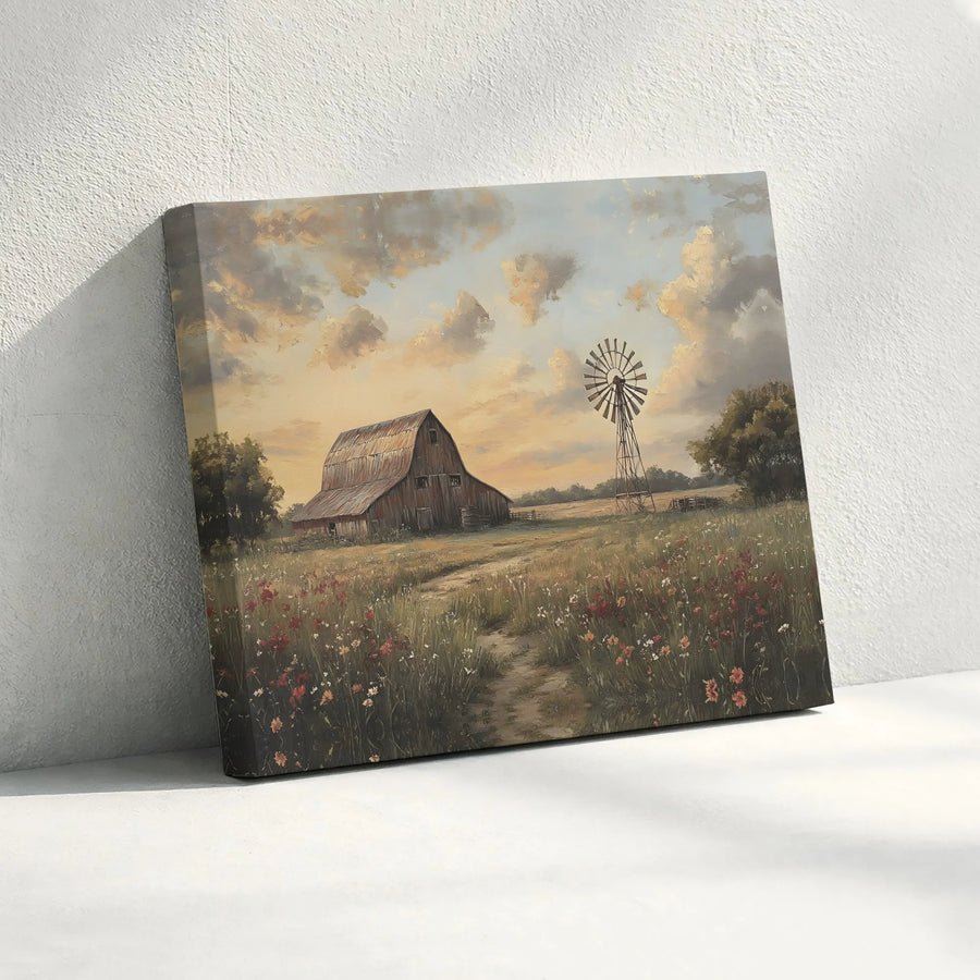 Rustic Farmhouse Wall Art | Vintage Barn and Windmill Landscape | Premium Gallery-Wrapped Canvas Print | Countryside Home Decor Gift