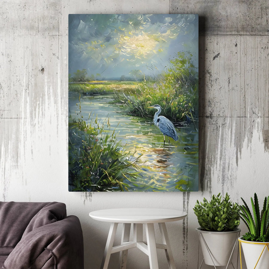 Great Blue Heron Canvas Art | Impressionist Marsh Landscape Wall Decor | Gallery Wrapped Premium Print | Nature Lover Gift Idea