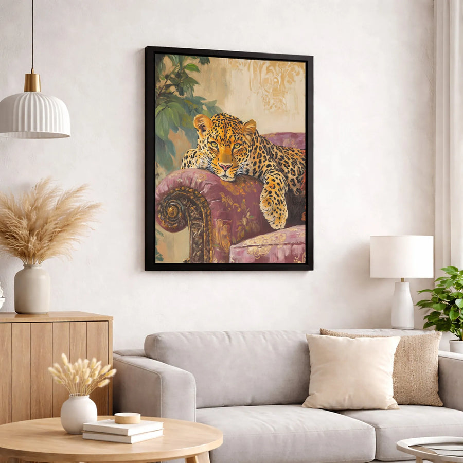 Leopard On Vintage Sofa Canvas Wall Art | Whimsical Animal Portrait | Premium Fade-Resistant Print | Elegant Home Office Decor Gift