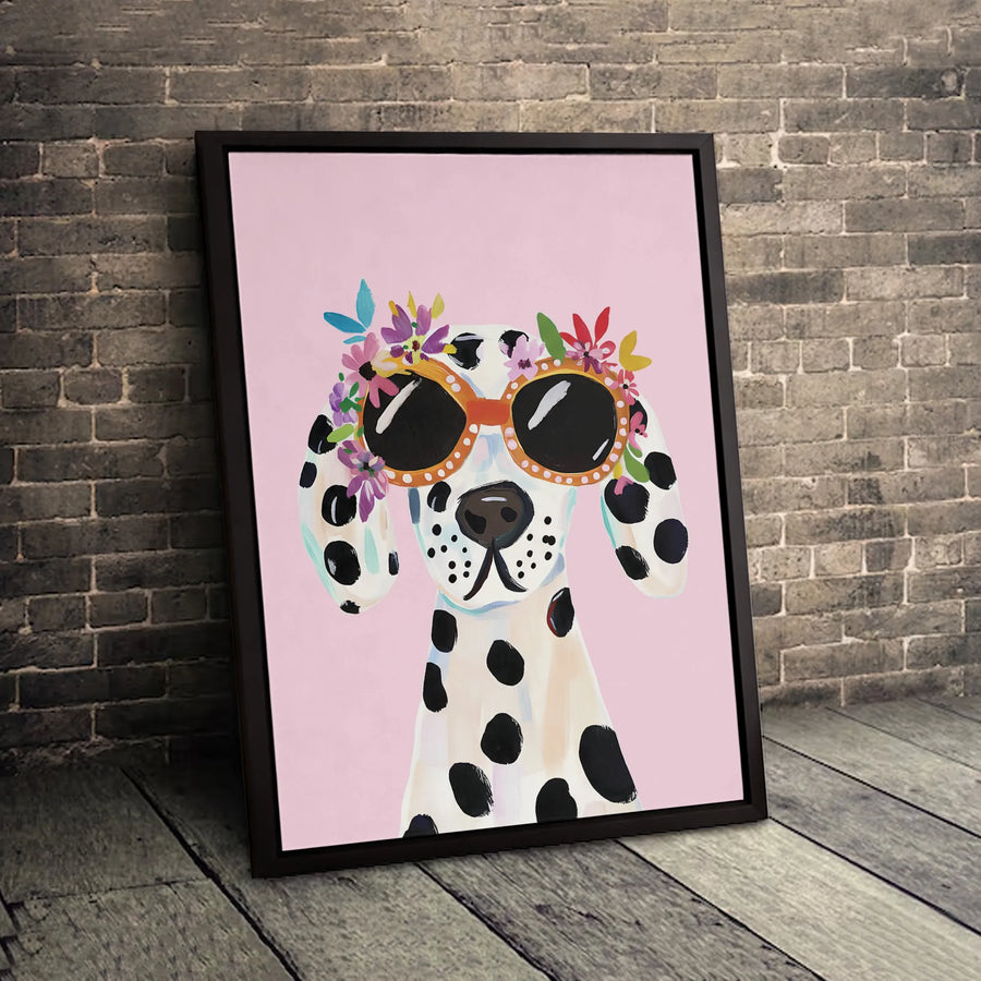 Dalmatian Dog Canvas Print | Whimsical Sunglasses Floral Crown Art | Premium Gallery-Wrapped Wall Decor | Gift for Dog Lovers