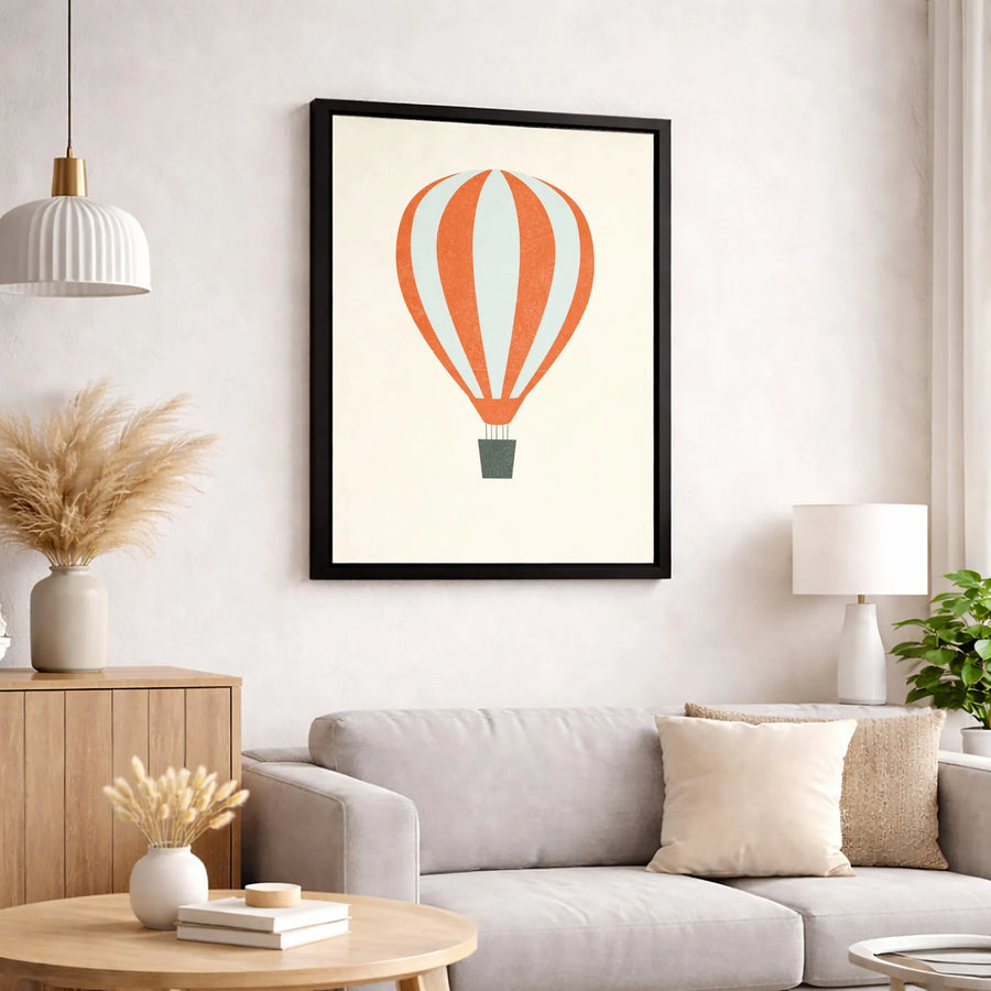 Minimalist Hot Air Balloon Wall Art | Orange & Blue Striped Nursery Decor | Gallery Quality Canvas Print | Modern Home & Office Accent