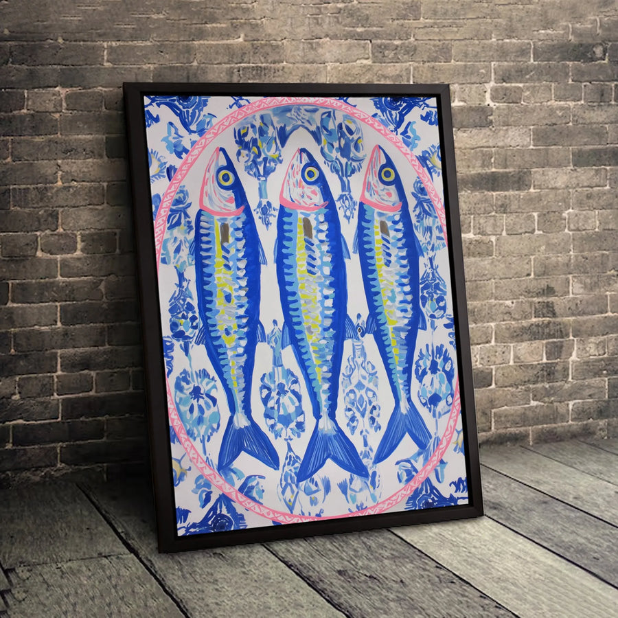 Three Blue Sardines Canvas Art | Portuguese Tile Pattern Print | Premium Gallery-Wrapped 1.25" Profile | Coastal Kitchen Wall Decor