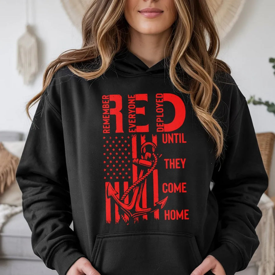 RED Friday Hoodie | Remember Everyone Deployed Flag & Anchor | Premium Cotton Blend | Patriotic Gift for Military Family & Veteran Support