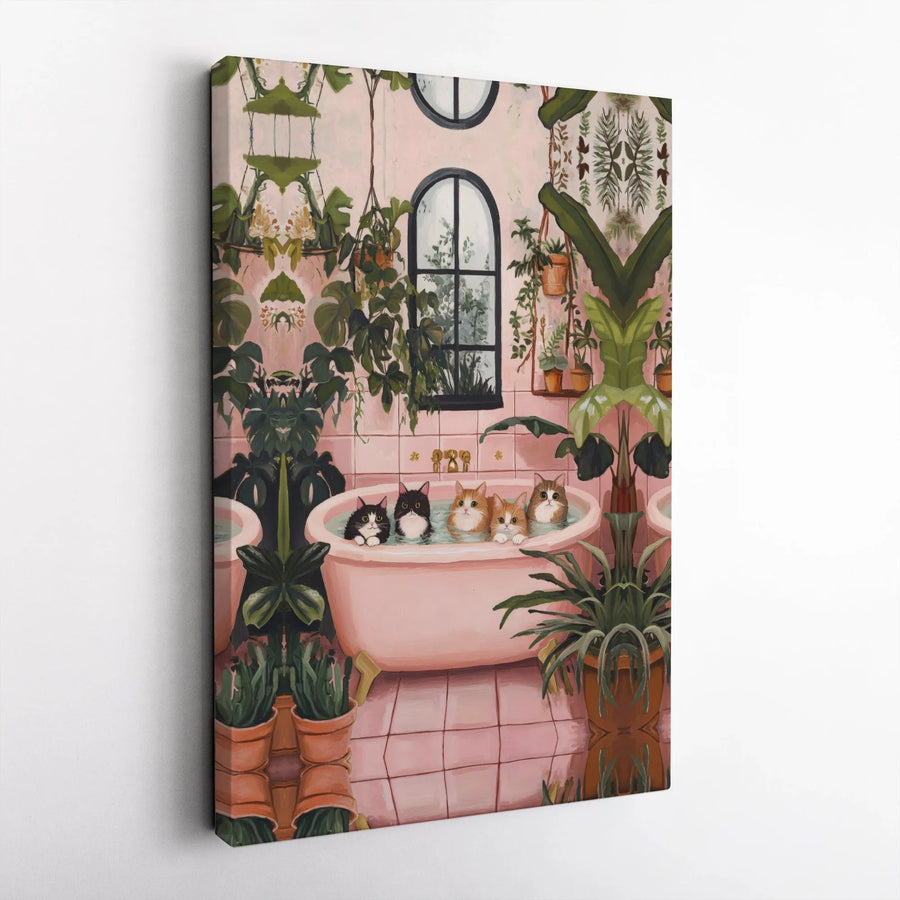 Cats in Bathtub Wall Art | Whimsical Bathroom Decor with Houseplants | Premium Fade-Resistant Canvas | Cute Cat Lover Gift Idea