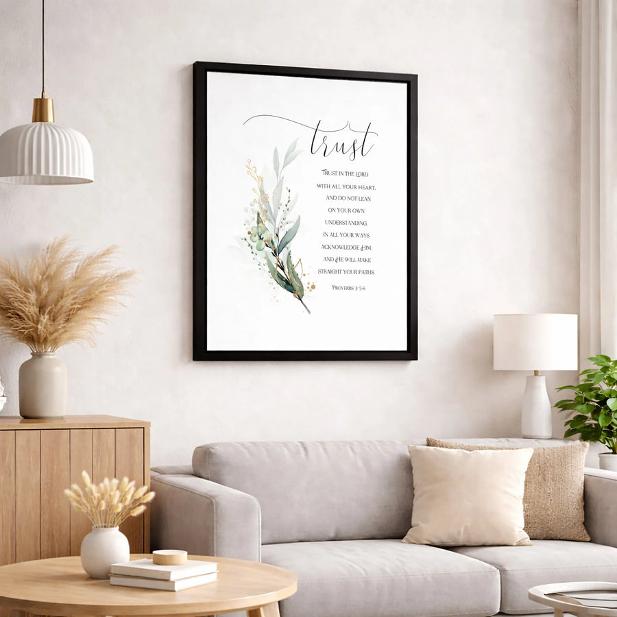 Proverbs 3:5-6 Trust In The Lord Canvas Art | Watercolor Greenery Botanical Design | 1.25" Premium Gallery Profile | Religious Home Decor Gift