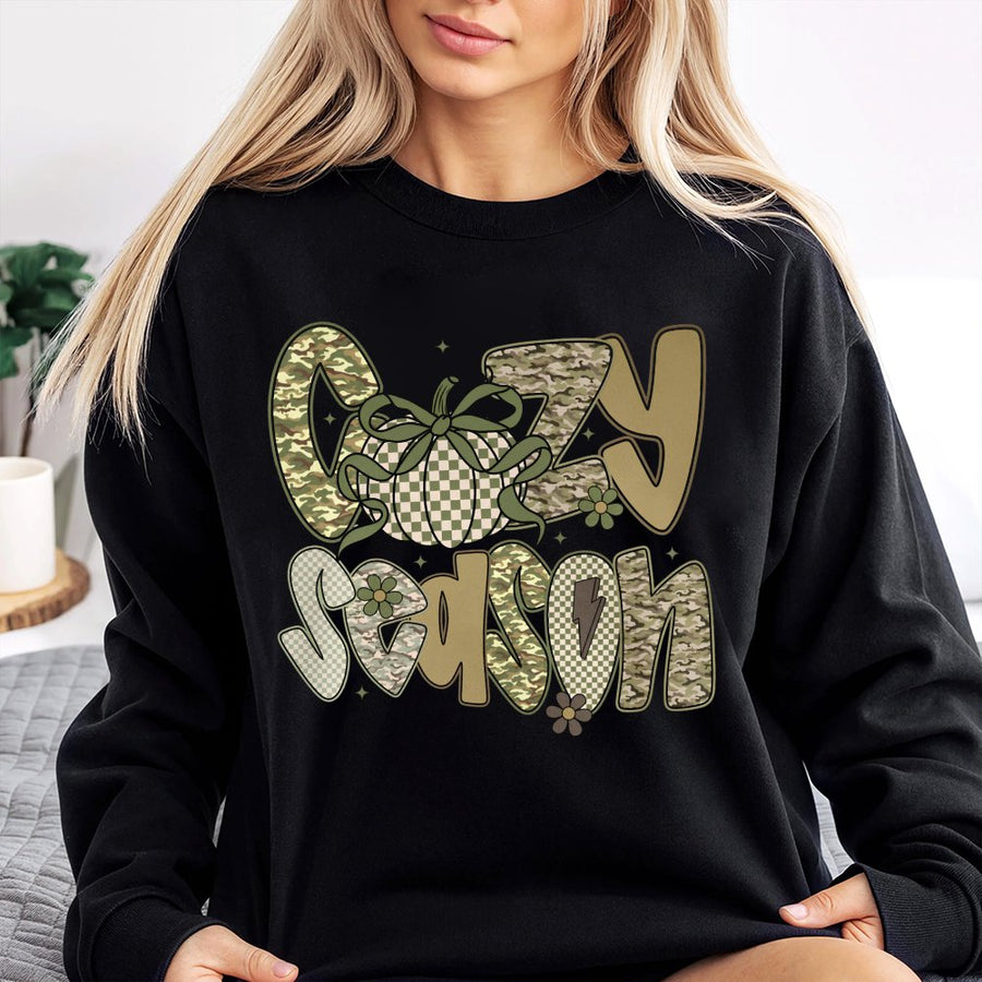 Cozy Season Camo Sweatshirt | Pumpkin Western Graphic Pullover | Soft Cotton Blend Fall Apparel | Trendy Autumn Gift for Women and Men
