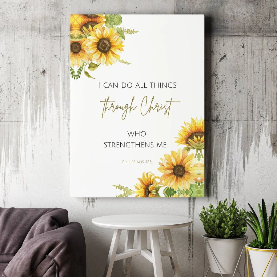 Philippians 4:13 Canvas Print | Watercolor Sunflower Bible Verse Art | Premium Gallery Wrapped Canvas | Inspirational Christian Gift for Women