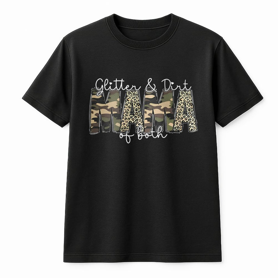 Glitter & Dirt Mama Of Both T-Shirt | Camo and Leopard Print Graphic Tee | Premium 100% Cotton | Gift for Mom and Bonus Mom