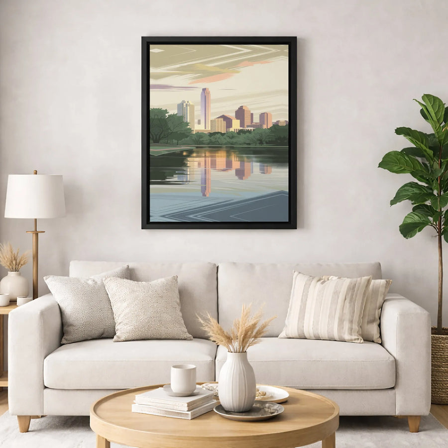 Austin Texas Skyline Canvas | Vintage Modern Lake Reflection Art | Gallery Wrapped Premium Wall Decor | Cityscape Travel Gift for Home Office