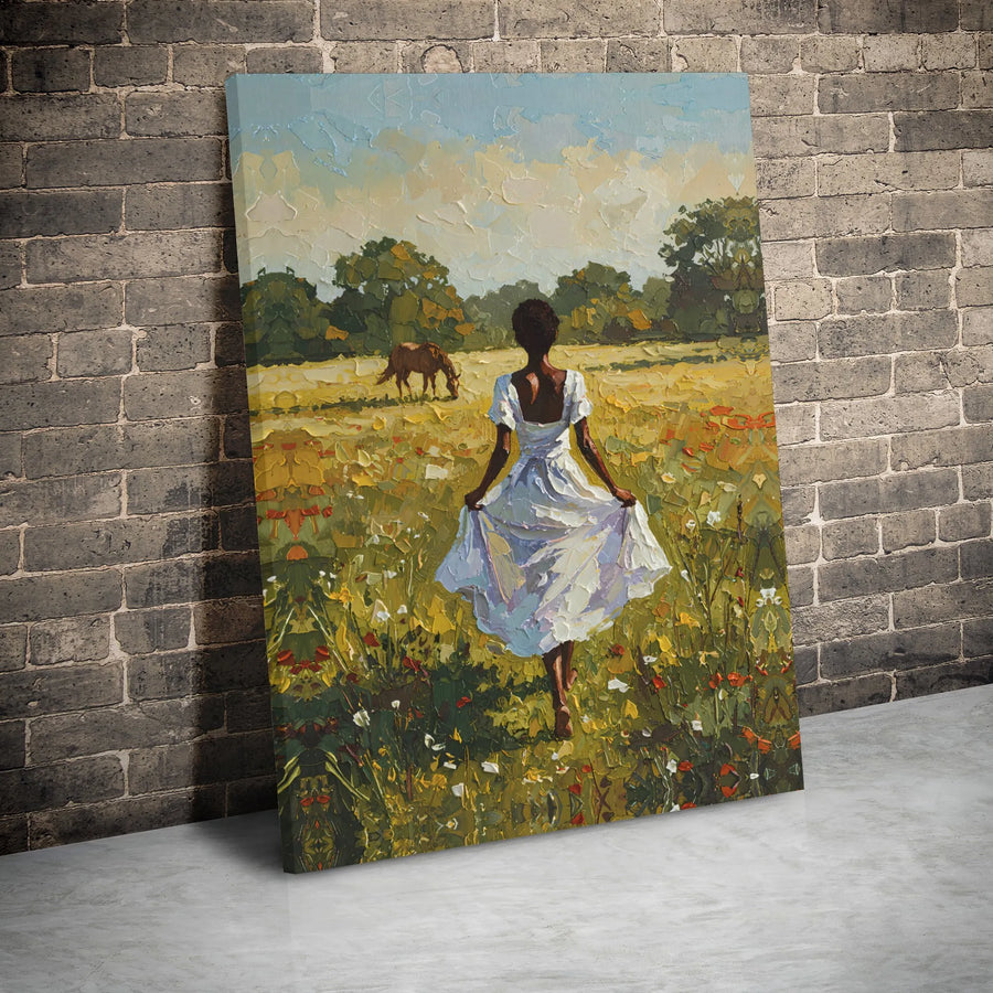 Black Woman Oil Painting Canvas | Impressionist Wildflower Field Decor | Gallery Wrapped Premium Print | Artistic Home Wall Art Gift