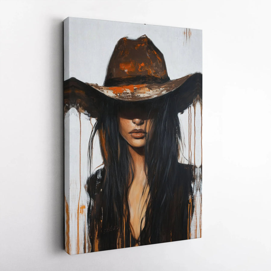 Western Cowgirl Canvas Wall Art | Modern Abstract Portrait Painting | Premium Gallery Wrap Canvas | Rustic Southwestern Home Decor Gift