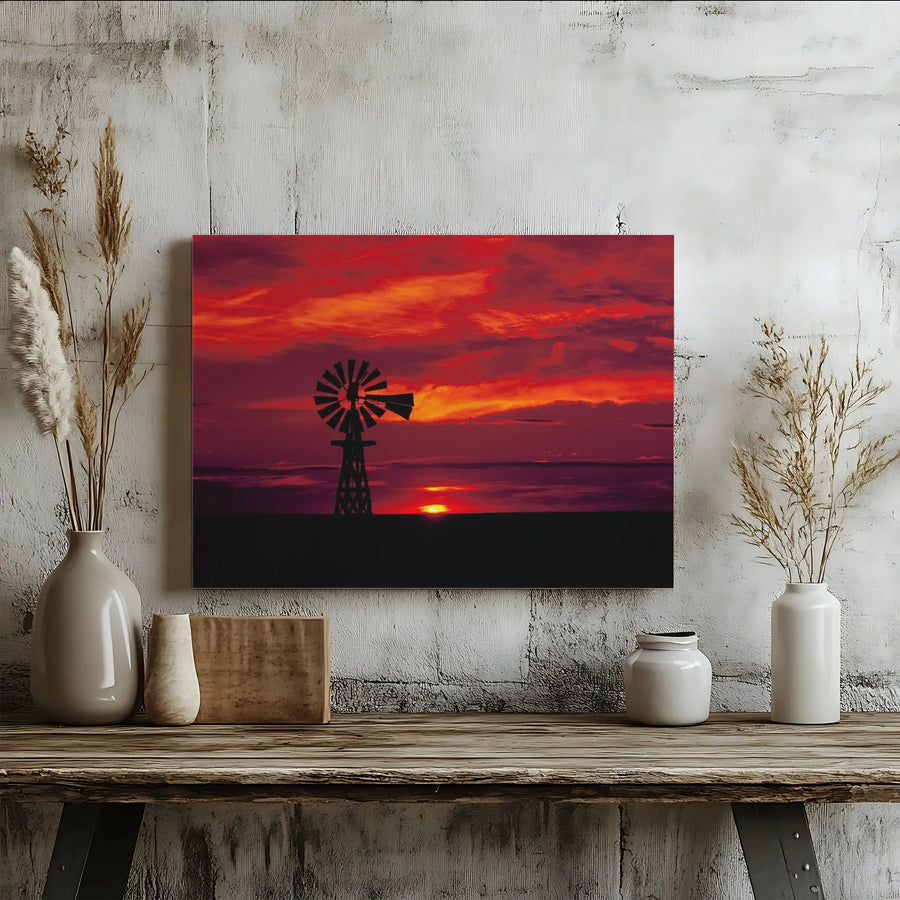 Windmill Canvas Wall Art | Red Sunset Landscape Silhouette | Premium Gallery Wrap Print | Rustic Farmhouse Decor Gift
