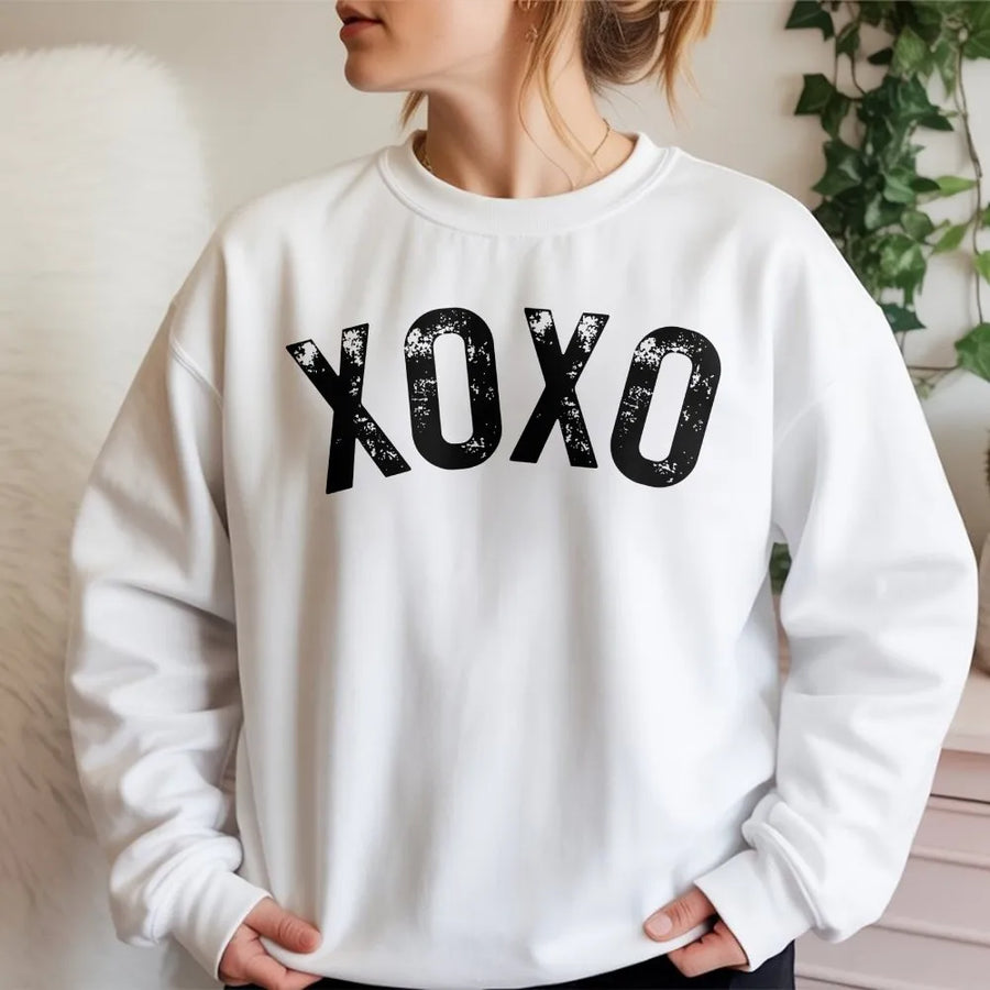 XOXO Sweatshirt | Distressed Typography Graphic | Premium Cotton Blend | Romantic Valentine's Day Gift for Her and Galentine's Party