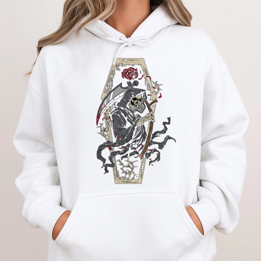 Grim Reaper Hoodie | Gothic Coffin Graphic Pullover | Premium Cotton Blend | Dark Aesthetic Gift for Goth and Occult Enthusiasts