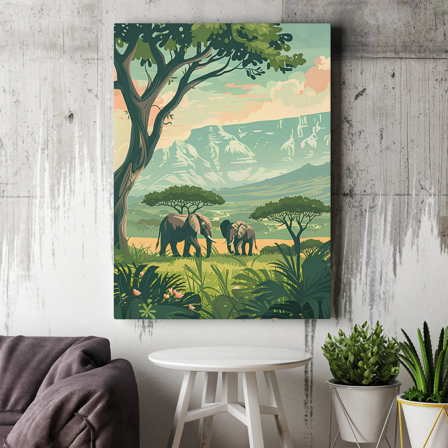 African Elephant Canvas Wall Art | Stylized Safari Landscape Print | Premium 1.25-Inch Gallery Wrap | Wildlife Nature Gift for Home Decor