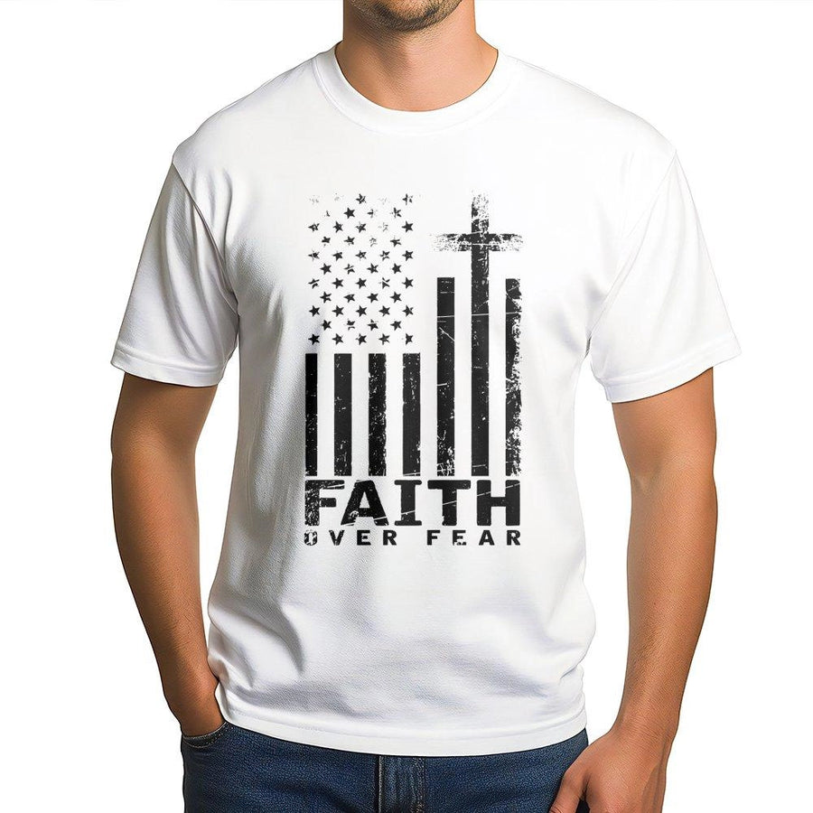 Faith Over Fear T-Shirt | American Flag Cross Graphic | Premium 100% Cotton Tee | Patriotic Christian Gift for Men and Women