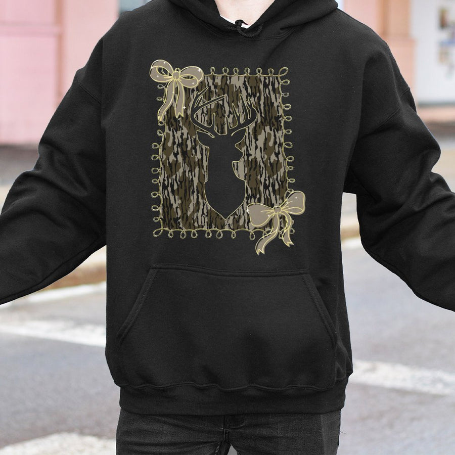 Deer Camo Bow Hoodie | Coquette Aesthetic Hunting Design | Premium Cotton Blend | Gift for Women and Country Girls