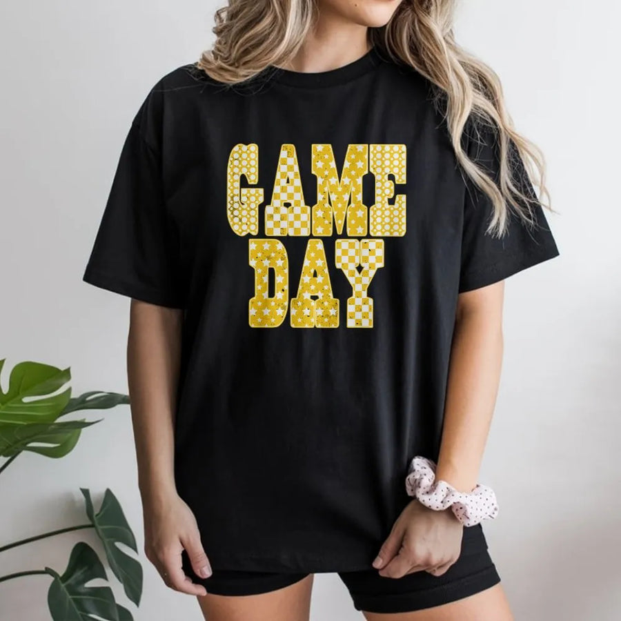 Game Day T-Shirt | Retro Yellow Checkered Star Graphic | Cozy Cotton Blend | Gift for Football Mom, Preppy Tailgate Apparel