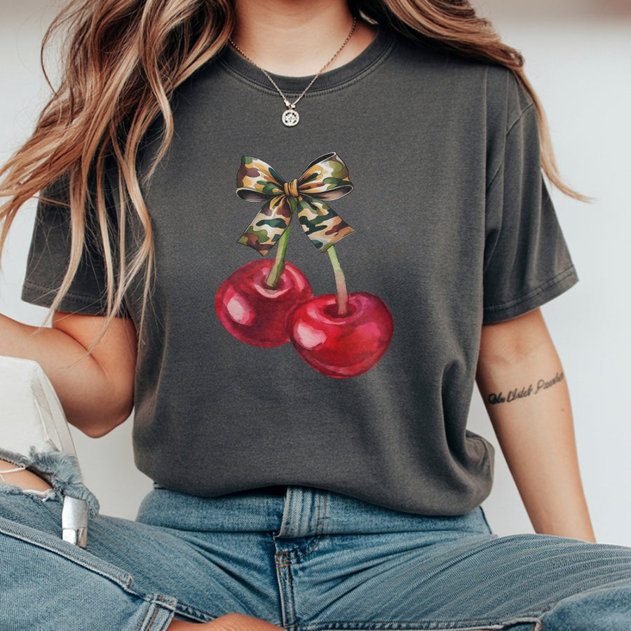 Cherry Camo Bow T-Shirt | Trendy Coquette Aesthetic Graphic Tee | 100% Premium Cotton | Cute Fruit Lover Gift for Women
