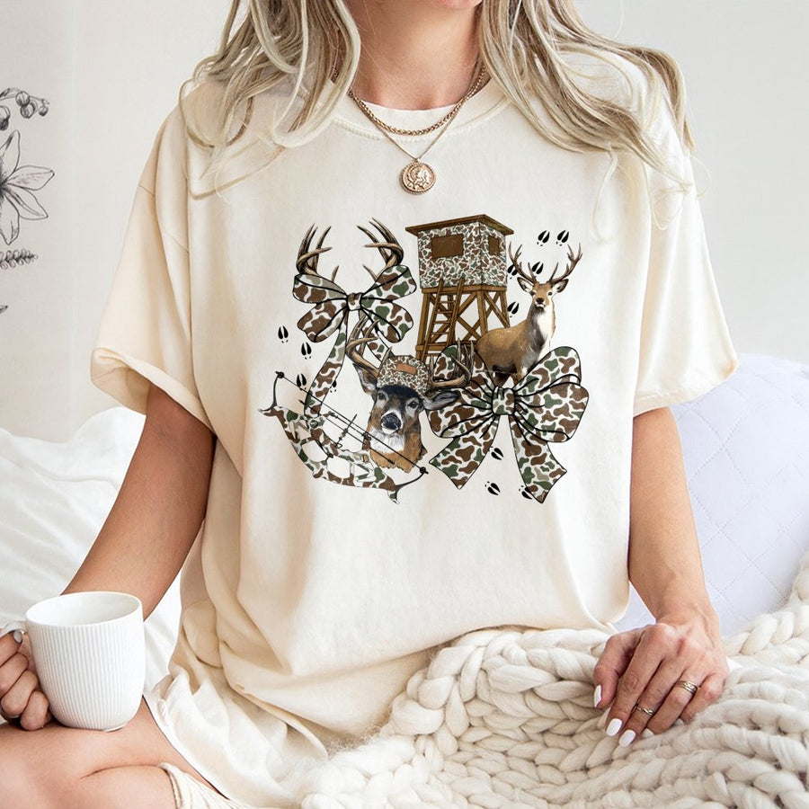 Hunting Season T-Shirt | Preppy Camo Bow and Deer Design | Premium 100% Cotton | Gift for Hunters and Outdoorsy Girls