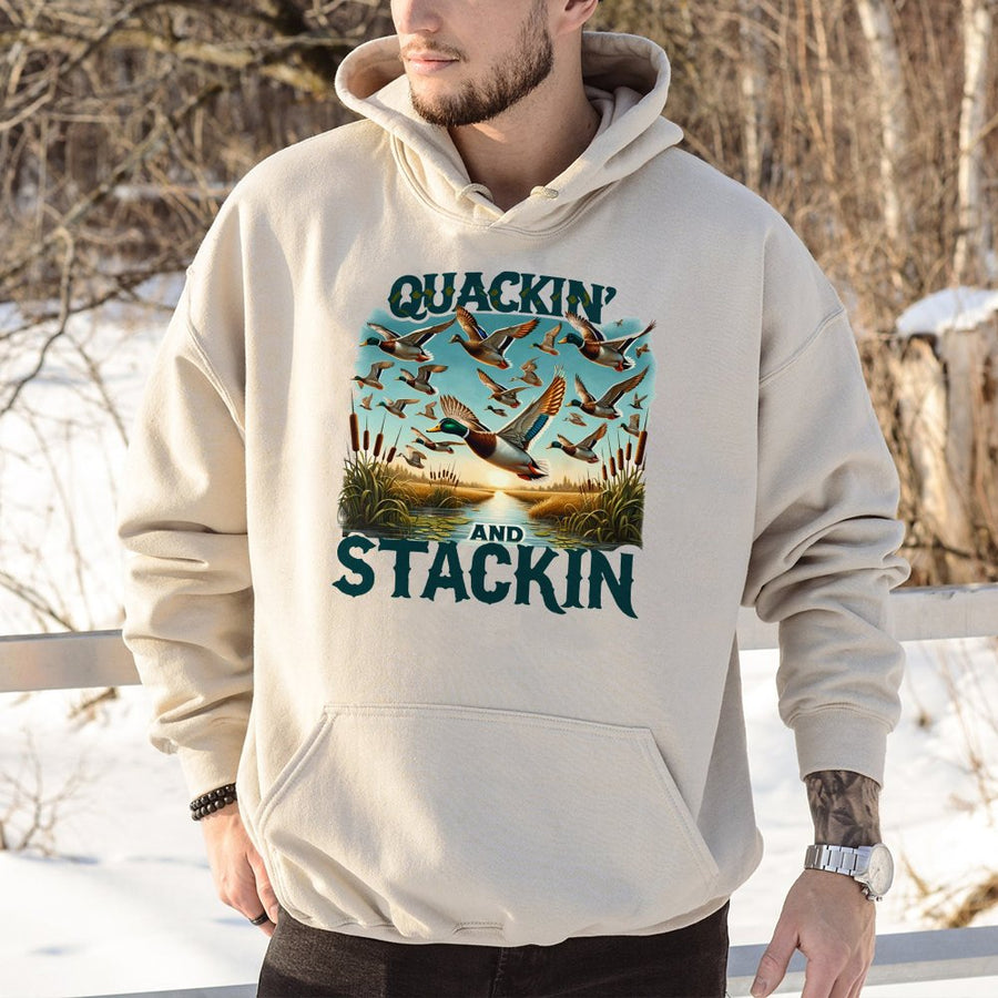 Quackin And Stackin Duck Hunting Hoodie | Retro Mallard Flock Graphic | Premium Cotton Blend | Gift For Hunters And Waterfowl Enthusiasts