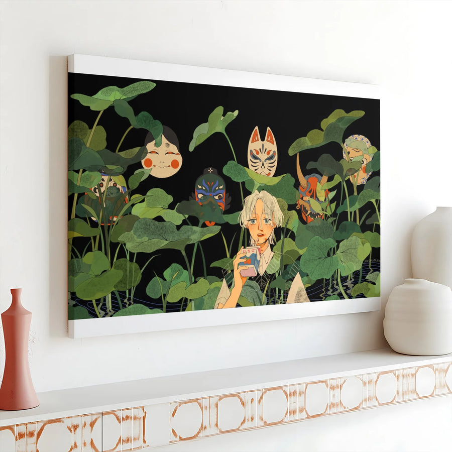 Japanese Masks Canvas Print | Anime Girl in Lotus Pond Art | Premium Gallery Wrap Canvas | Gift for Otaku & Manga Fans