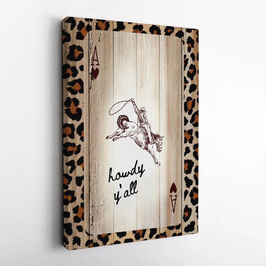 Western Cowboy Ace Of Hearts Canvas Art | Howdy Y'all Leopard Print Wall Decor | Gallery Quality 1.25" Profile | Rustic Country Home Gift