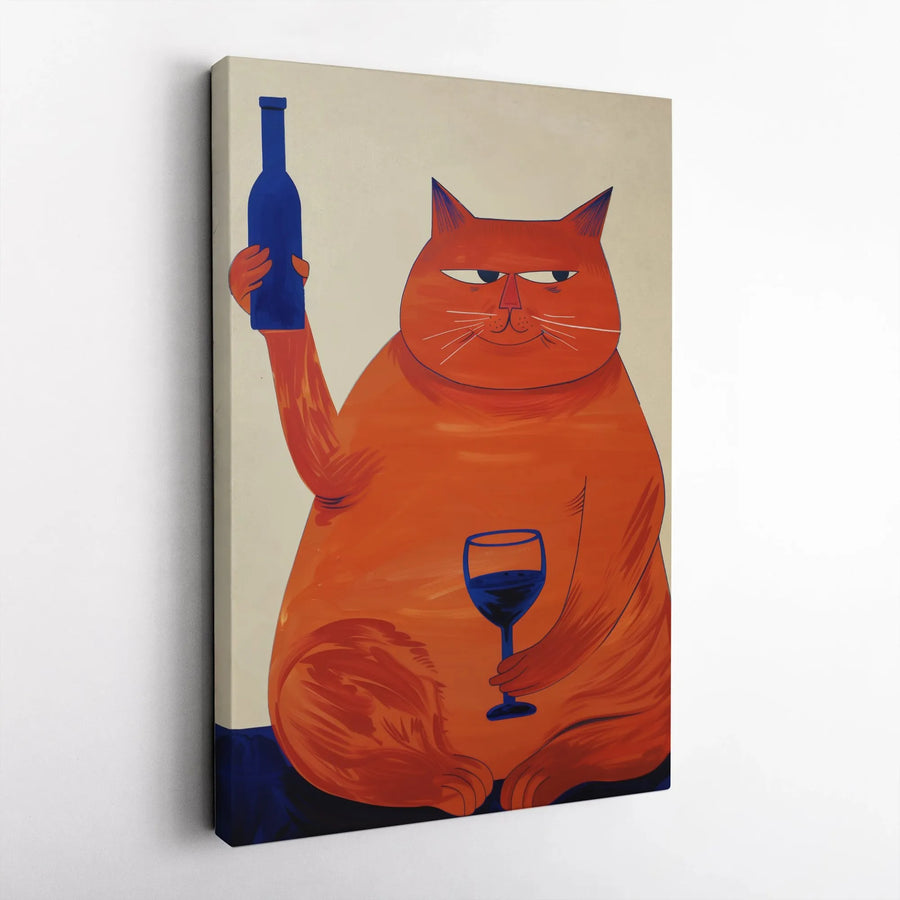 Fat Orange Cat Wall Art | Funny Wine Drinking Pet Illustration | Premium Gallery Wrapped Canvas | Whimsical Kitchen Decor Gift