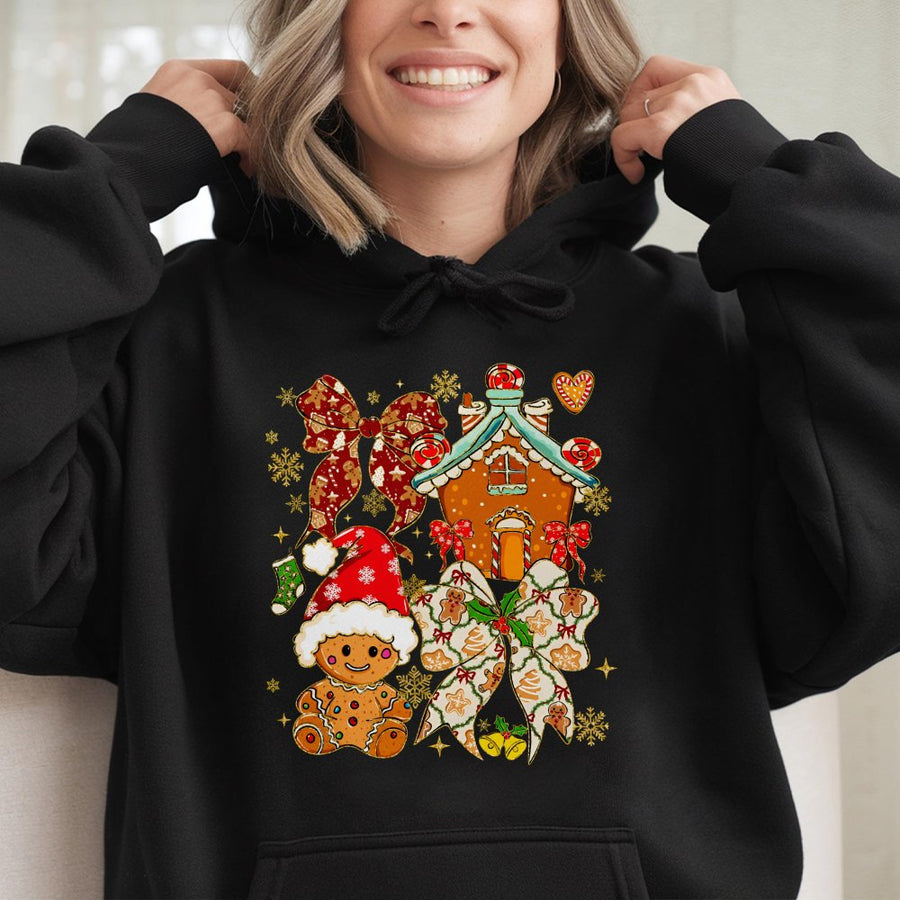 Gingerbread Man Christmas Hoodie | Festive Holiday House & Bow Graphic | Soft Cotton Blend Unisex Sweatshirt | Cute Winter Holiday Gift for Her