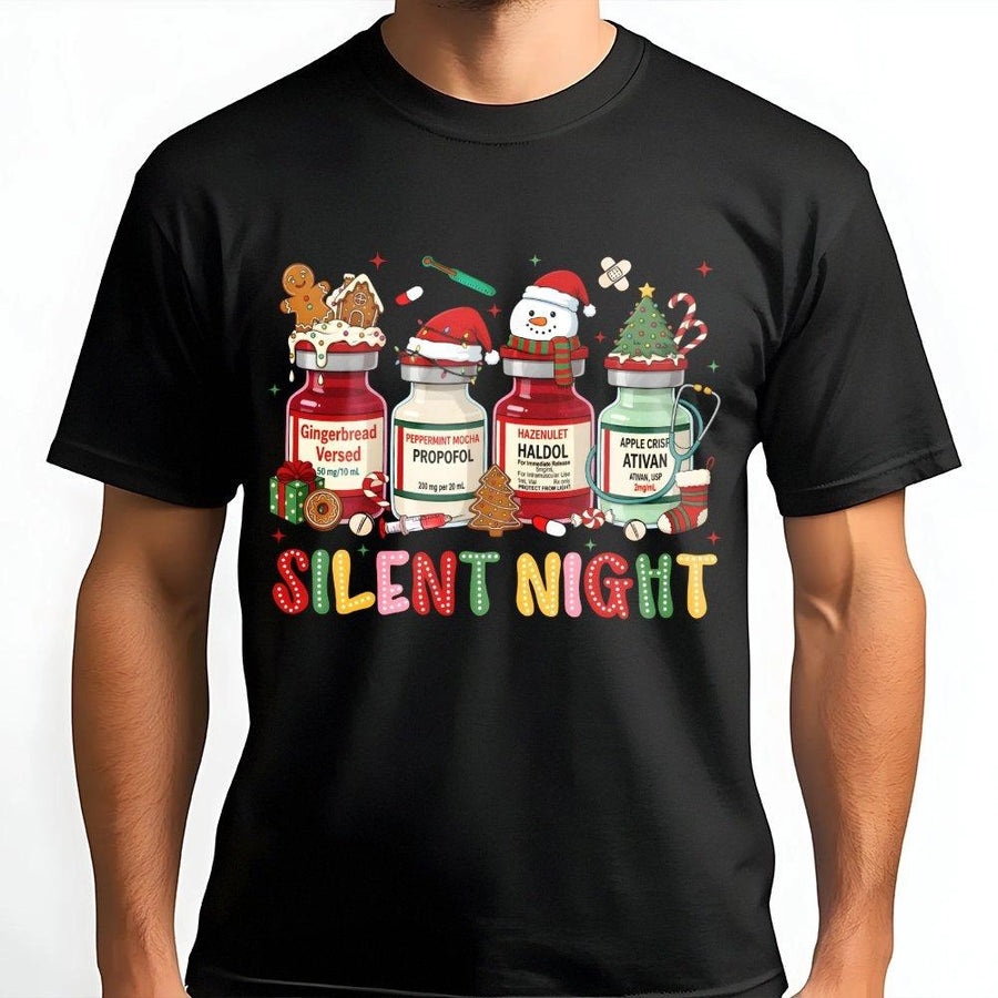 Silent Night Christmas Nurse T-Shirt | Medical Holiday Vials Design | Soft Cotton Premium Tee | Funny ICU Nurse Gift for Healthcare Workers