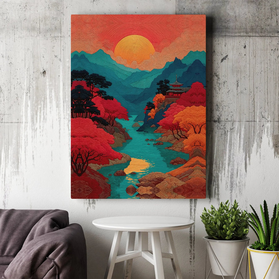 Japanese Landscape Canvas Art | Ukiyo-E Pagoda Autumn River Sunset | Premium Gallery Wrapped Decor | Zen Wall Art for Home or Office Gift