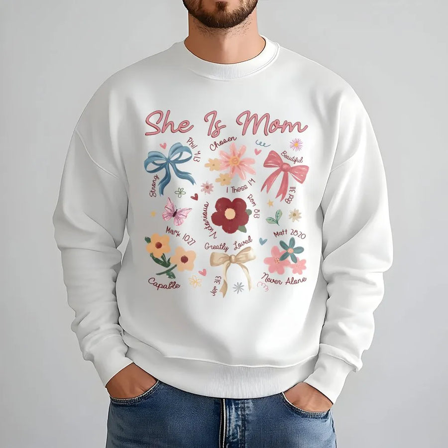 She Is Mom Sweatshirt | Boho Floral Christian Scripture Design | Premium Cotton-Blend | Meaningful Mother's Day 2026 Gift for Christian Women