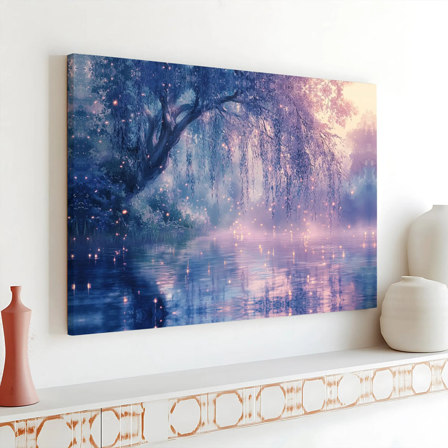 Magical Willow Tree Canvas Wall Art | Misty Lake With Fireflies | Premium 1.25" Gallery Wrap | Enchanting Nature Decor For Living Room