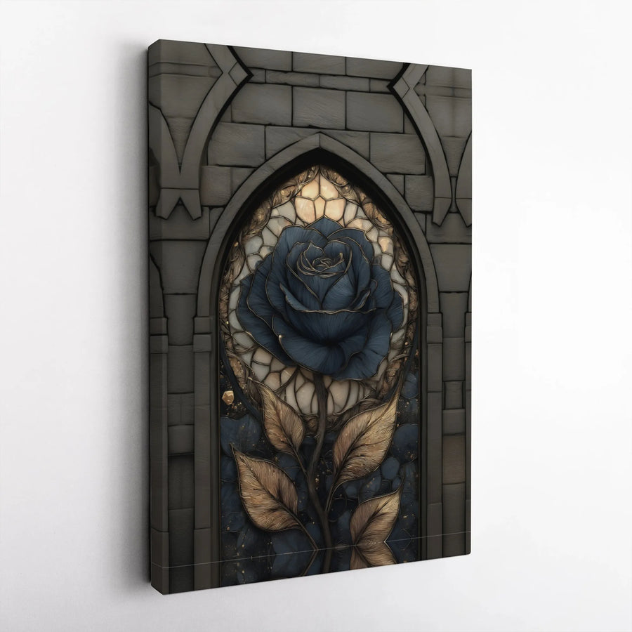 Gothic Blue Rose Canvas Wall Art | Stained Glass Floral Design | Premium Gallery Wrap Wooden Frame | Dark Academia Home Decor Gift