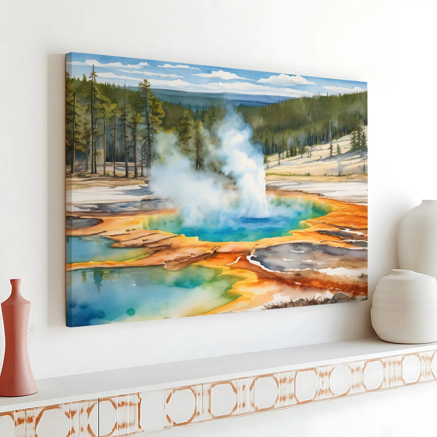 Yellowstone National Park Canvas Print | Grand Prismatic Spring Watercolor Art | 1.25" Gallery Wrap Wall Decor | Nature Lover Gift for Home Office
