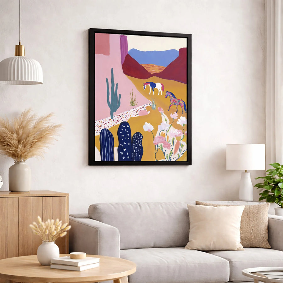 Southwestern Desert Canvas Wall Art | Colorful Horses Cactus Landscape | 1.25 Inch Premium Gallery Wrap | Modern Boho Home Decor Gift