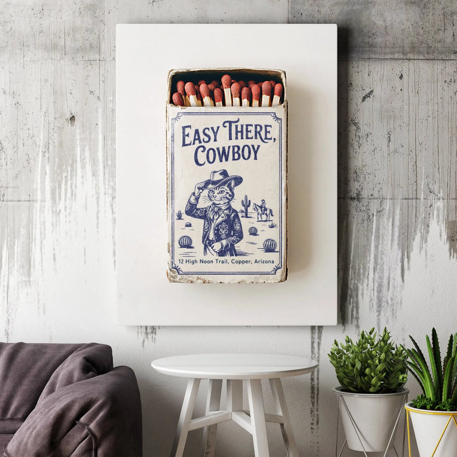 Easy There Cowboy Cat Canvas Art | Vintage Matchbox Design Western Wall Decor | Premium 1.25 Inch Gallery Wrap | Unique Gift for Cat Lovers