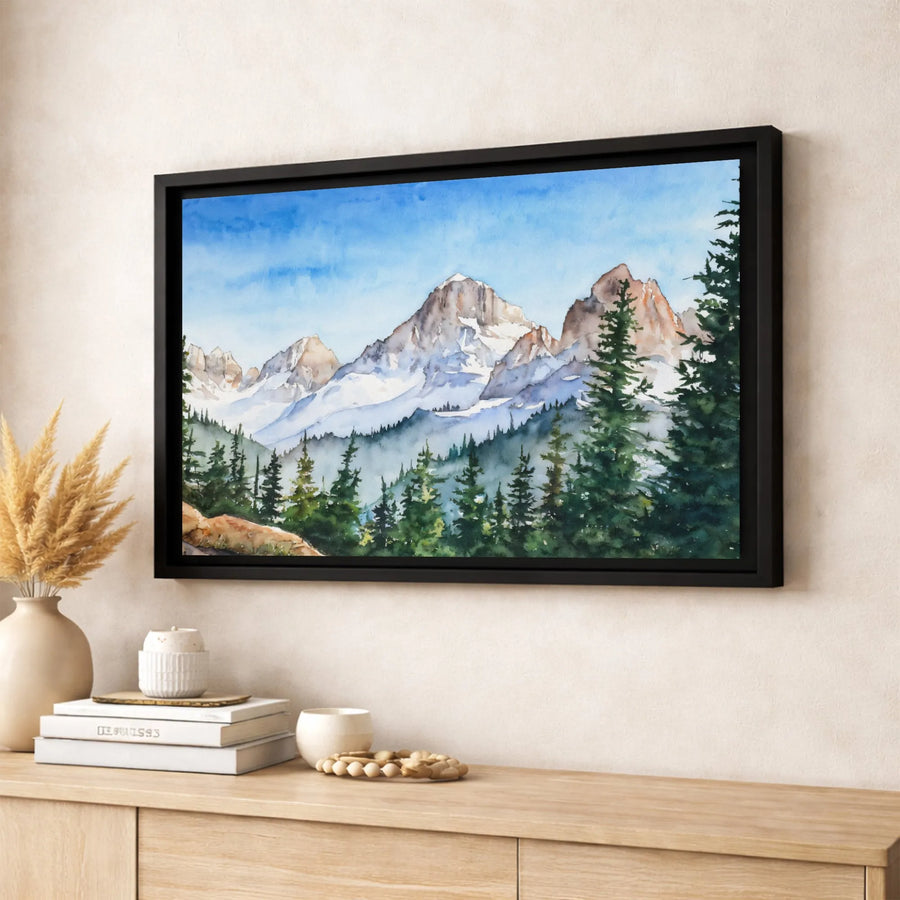 Mountain Landscape Canvas Print | Watercolor Snow-Capped Pine Forest | Premium Fade-Resistant Wall Art | Rustic Nature Home Decor Gift