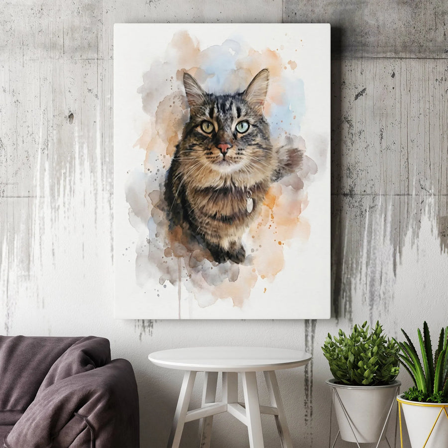Watercolor Tabby Cat Canvas Wall Art | Artistic Pet Portrait Painting | 1.25-Inch Gallery Wrap Premium Print | Perfect Gift for Cat Lovers