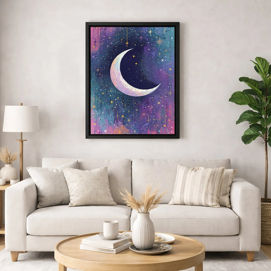 Crescent Moon Wall Art Canvas | Starry Night Sky Abstract Print | Gallery Quality 1.25 Inch Profile | Celestial Home Decor Gift