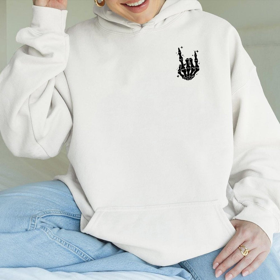 Skeleton Hand Rock On Hoodie | Aesthetic Gothic Graphic Print | Premium Cotton Blend | Streetwear Gift for Music Lovers and Rockers