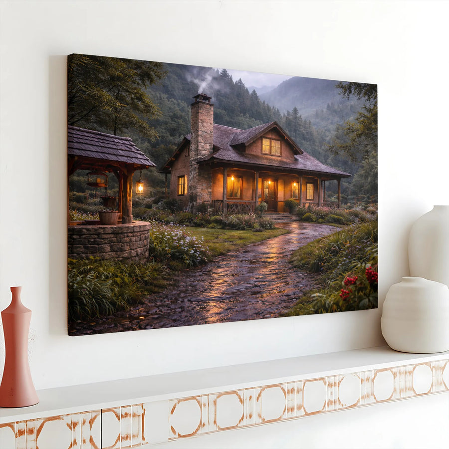 Rustic Forest Cabin Canvas Wall Art | Cozy Mountain Retreat at Dusk | Premium Matte Canvas Print | Living Room & Home Decor Gift