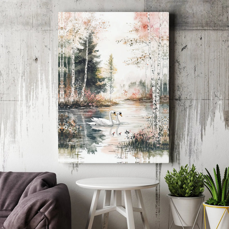 Swan Wall Art Canvas | Watercolor Forest Lake Painting | Premium Gallery Wrap Print | Nature Inspired Home Decor Gift